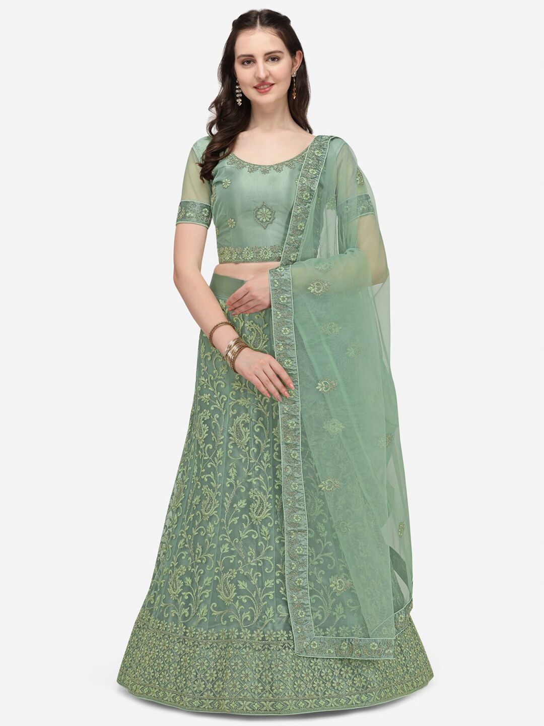 Netram Women Green Semi Stitched Embroidered Net Lehenga Choli Price in India