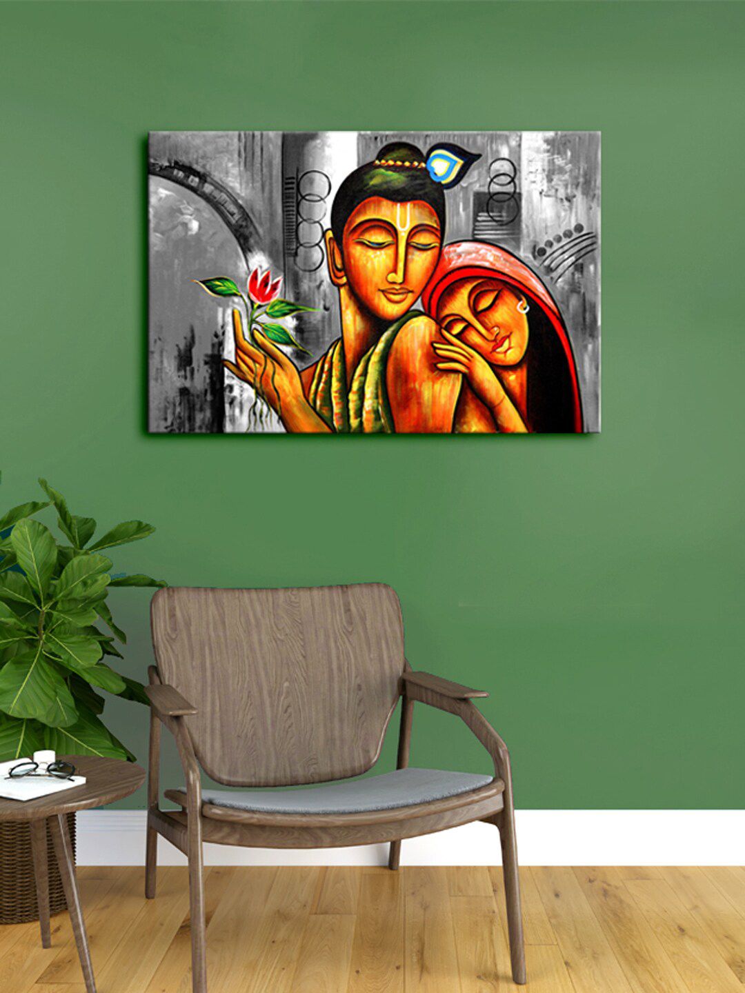 999Store Grey & Orange The Lovely Radha Krishna Canvas Framed Wall Art Price in India