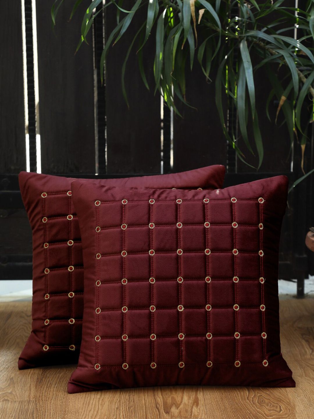 HOSTA HOMES Set Of 2 Maroon & Gold-Toned Checked Velvet Square Cushion Covers Price in India