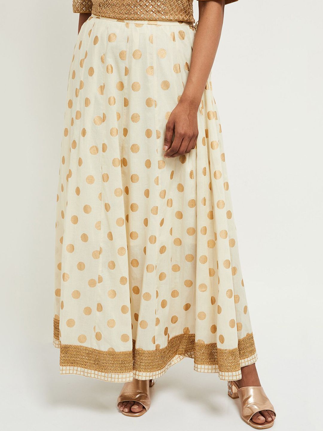 max Women Off-White & Gold-Coloured Printed Pure Cotton Flared Maxi Skirt