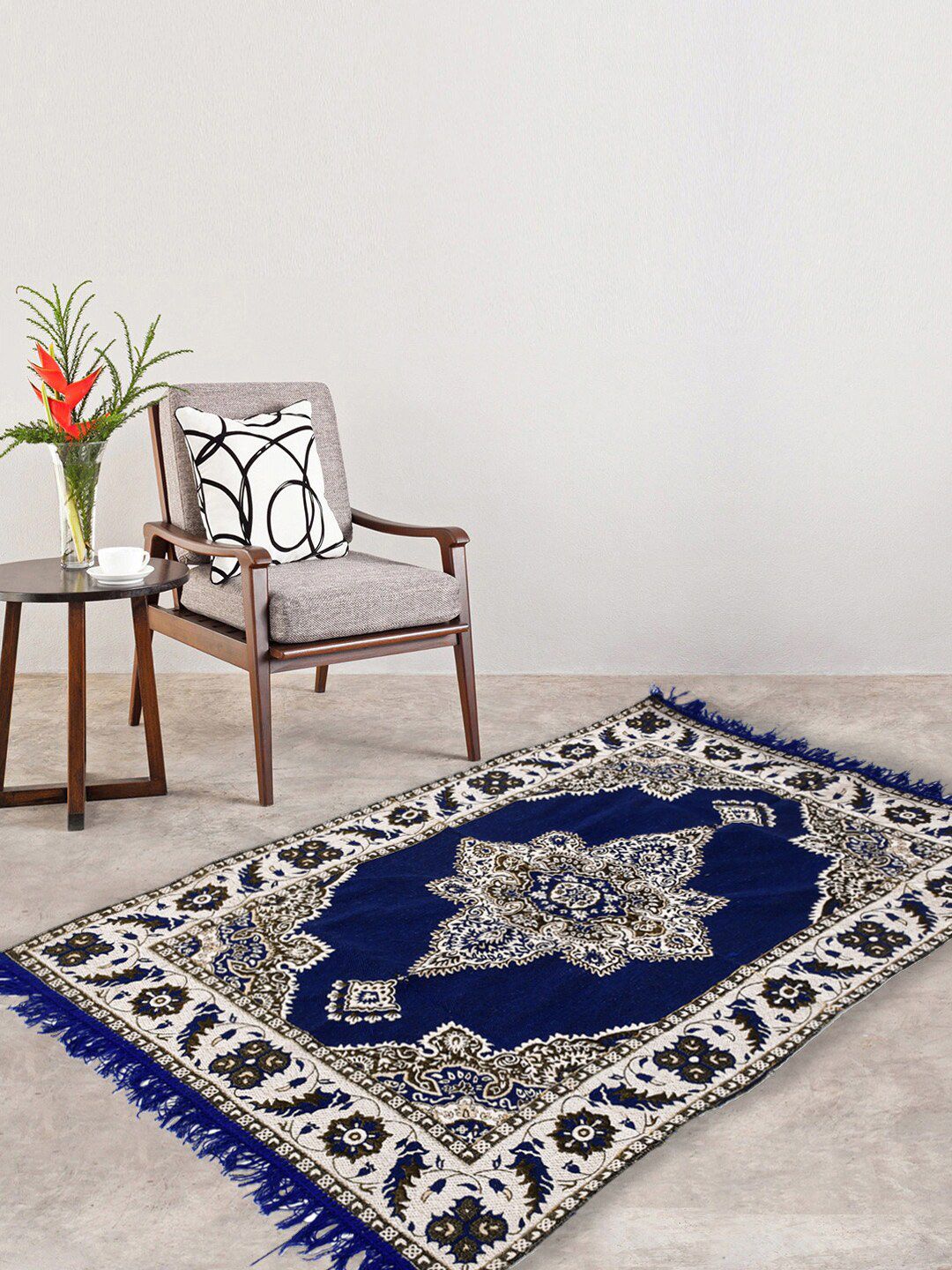 Kuber Industries Blue & White Ethnic Motifs Printed Traditional Carpet Price in India