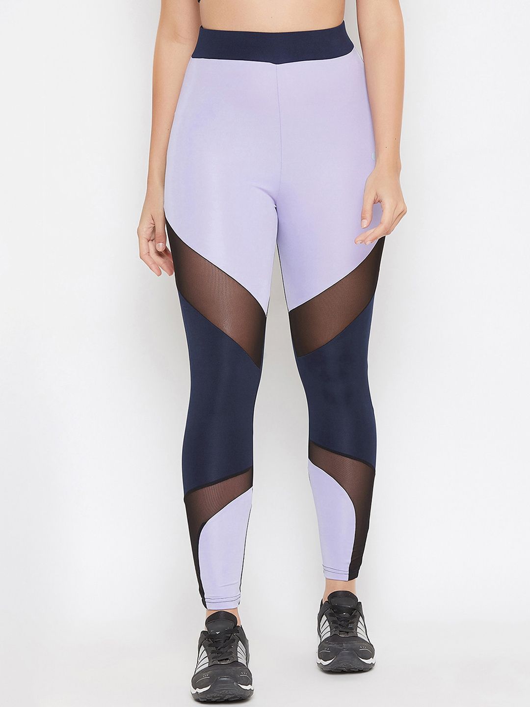 Clovia Women Purple & Navy Blue Colourblocked Activewear Sports Ankle Length Tights Price in India