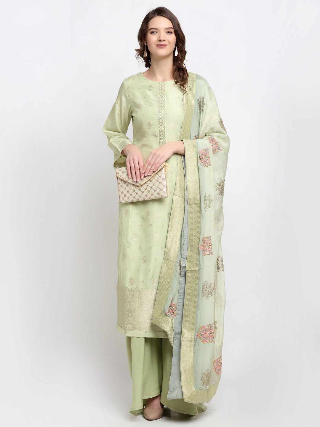 Stylee LIFESTYLE Sea Green & Gold-Toned Unstitched Dress Material Price in India