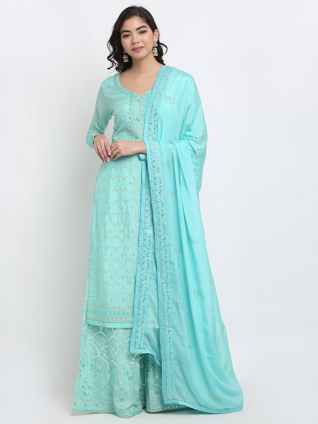 Stylee LIFESTYLE Turquoise Blue Embroidered Semi-Stitched Dress Material Price in India