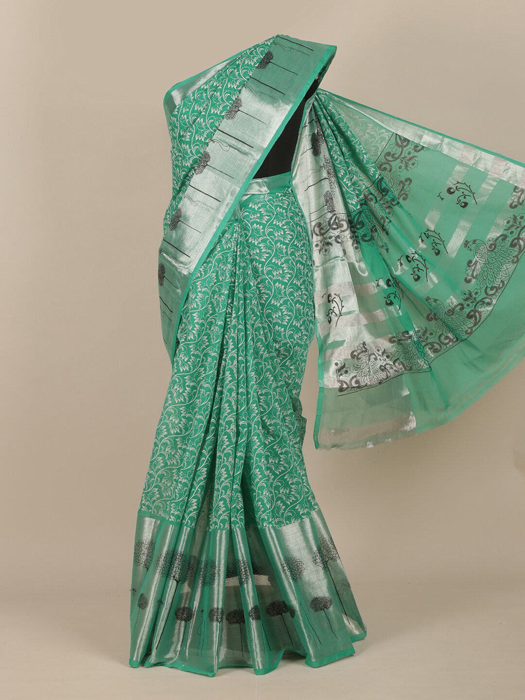 Pothys Green & White Floral Zari Saree