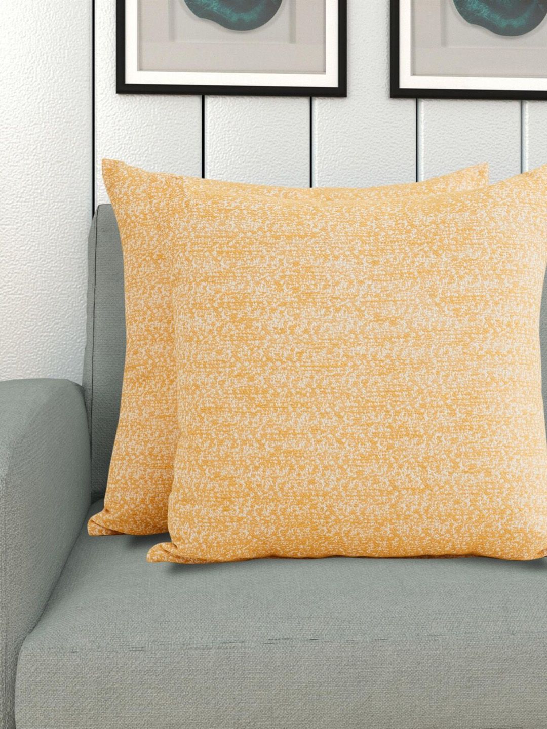 Home Centre Set Of 2 Yellow & Beige Slub Yarn-Dyed Textured Filled Square Cushions Price in India