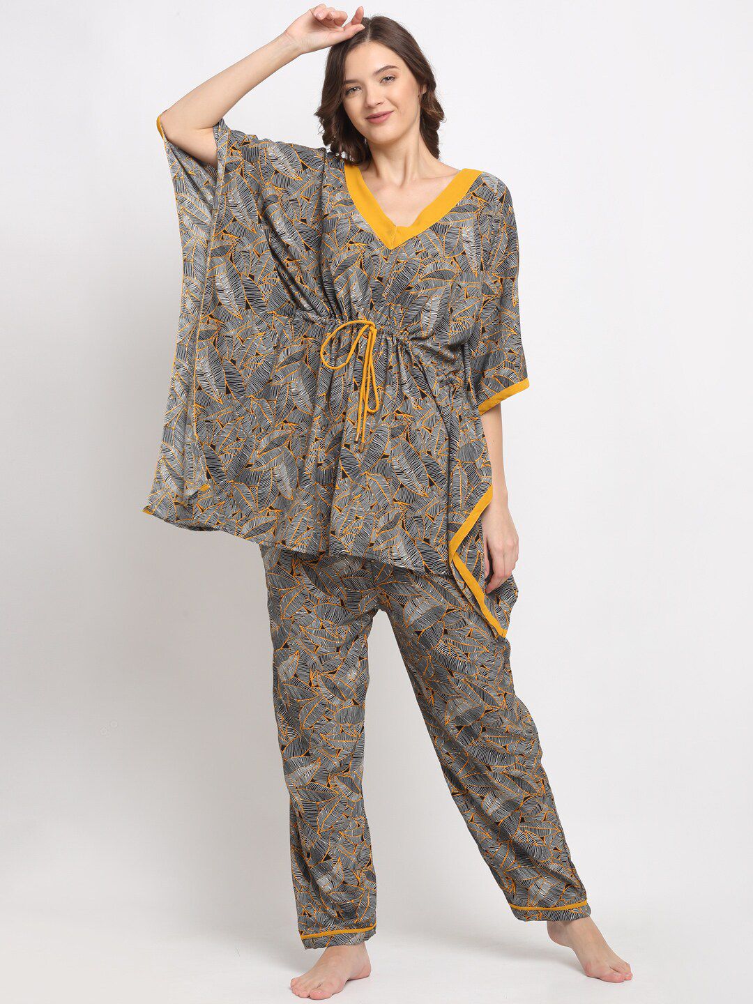 EROTISSCH Women Black & Yellow Printed Kaftan Night Suit Price in India