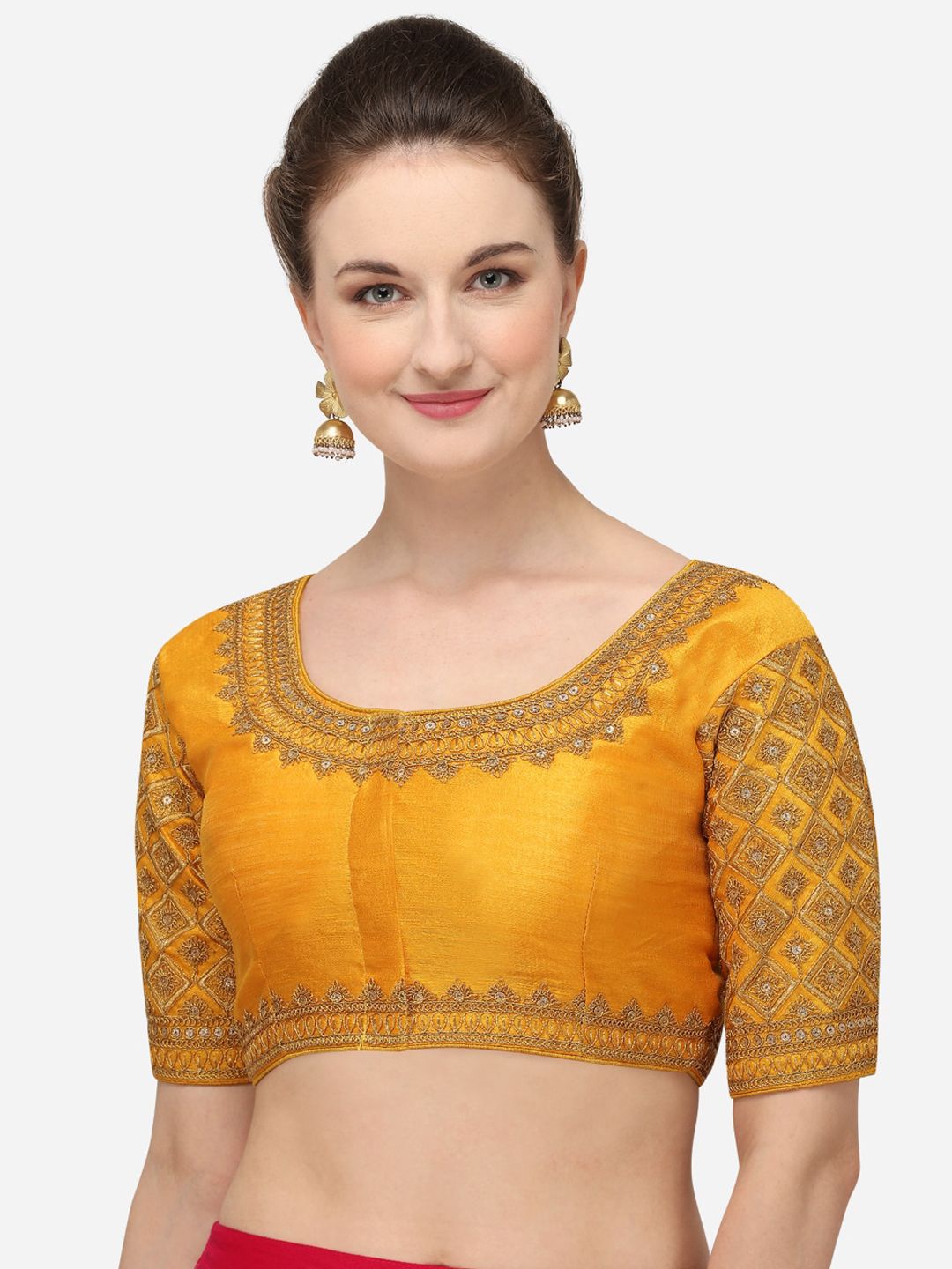 Fab Dadu Women Yellow & Gold-Coloured Embroidered Silk Saree Blouse Price in India