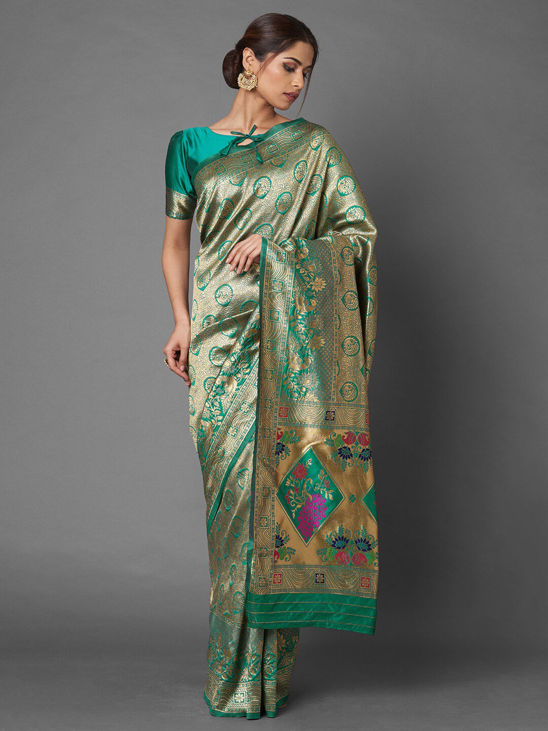 Mitera Sea Green & Gold-Toned Ethnic Motifs Zari Silk Blend Banarasi Saree