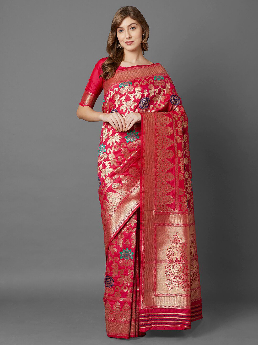 Mitera Red Floral Zari Silk Blend Banarasi Saree