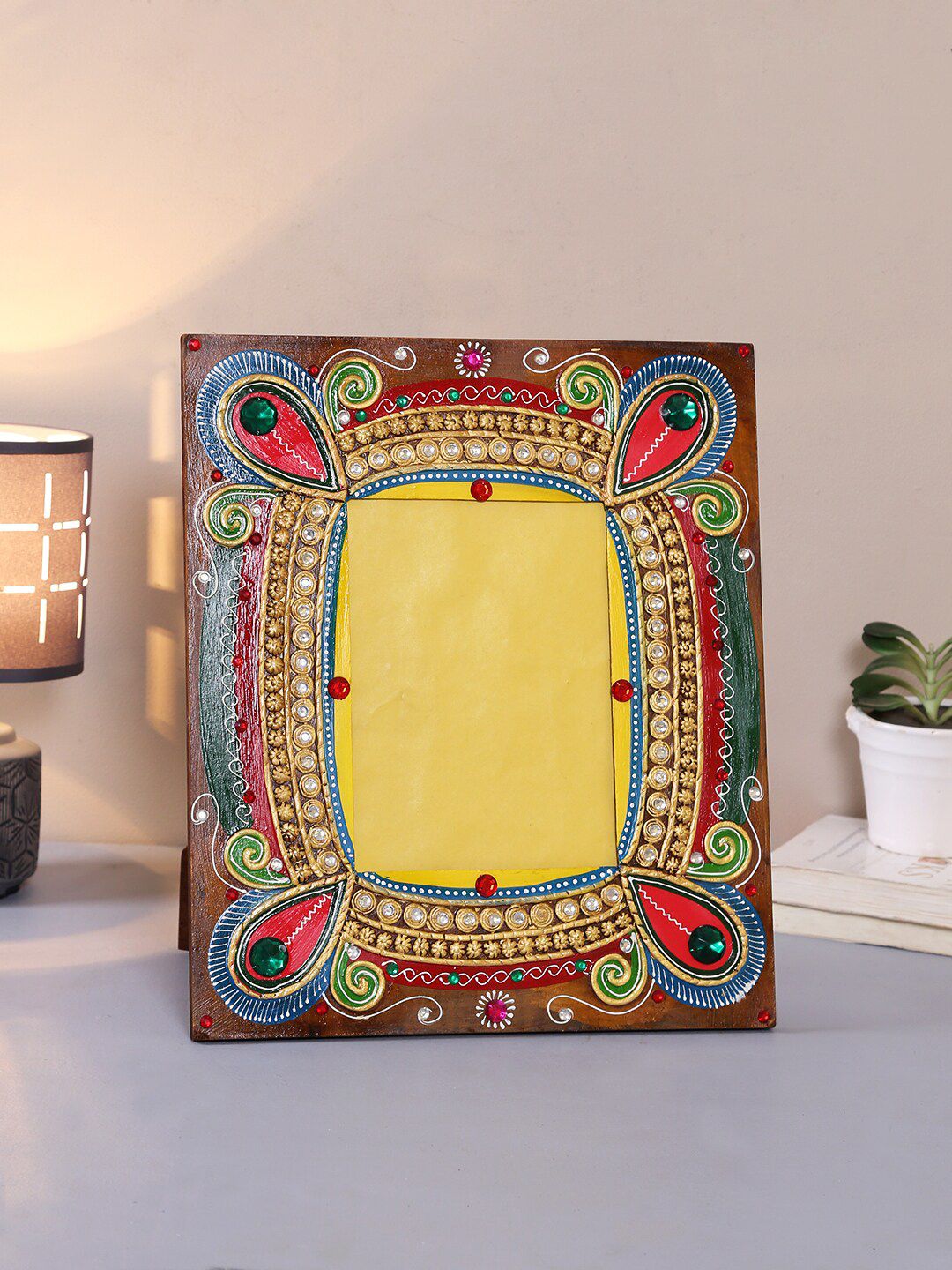 Aapno Rajasthan Brown & Gold-Toned Clay Work Wooden Table-Top Photo Frame Price in India