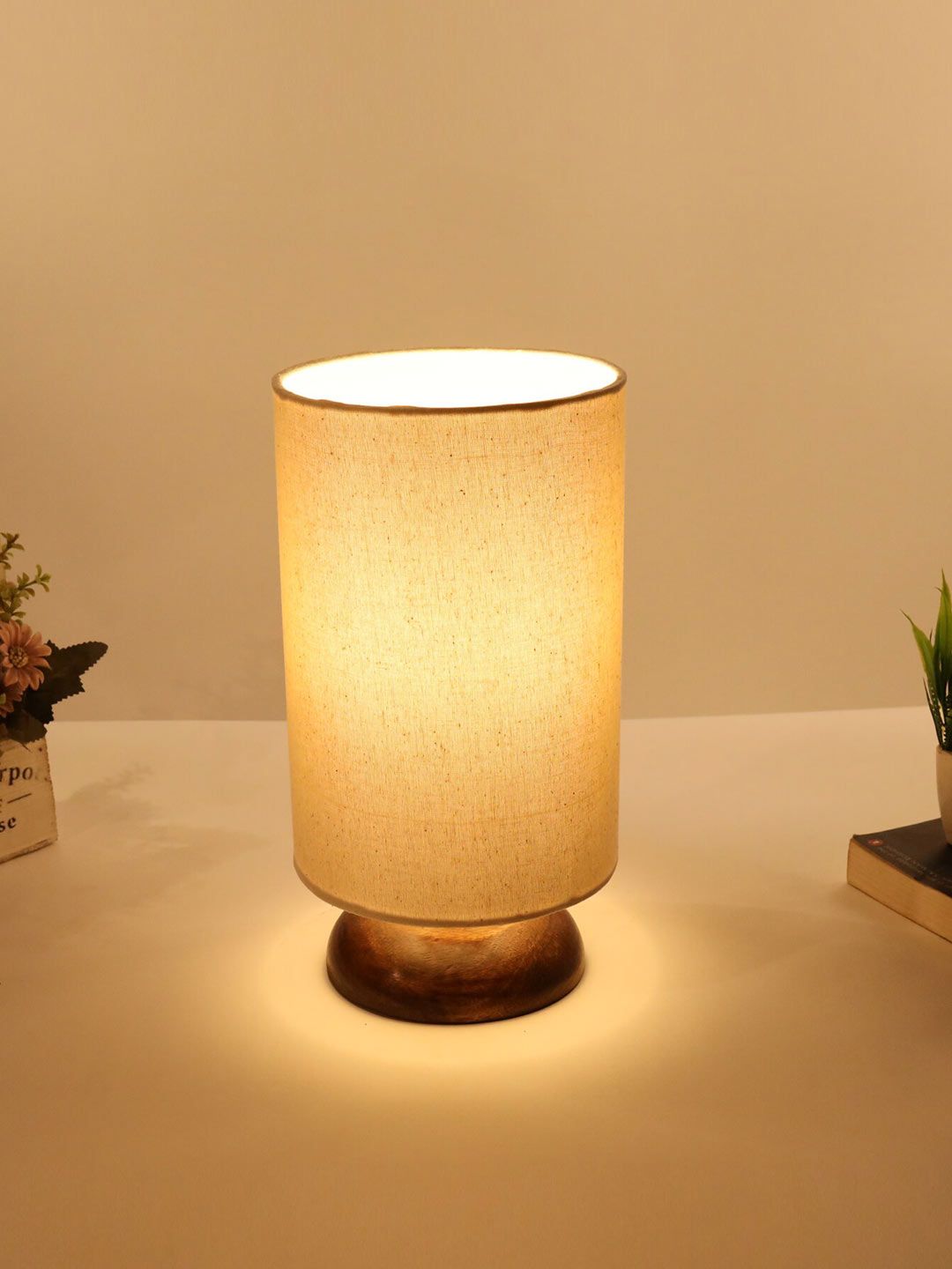 Homesake Beige & White Contemporary Handcrafted Column Smart Table Lamp with Shade Price in India