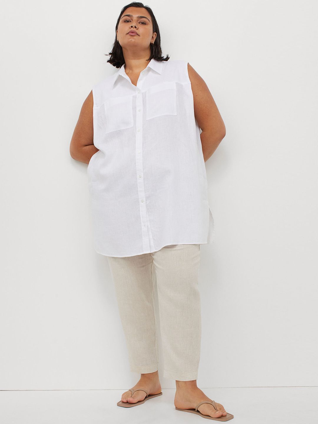 H&M+ Women White Sleeveless Pure Linen Shirt