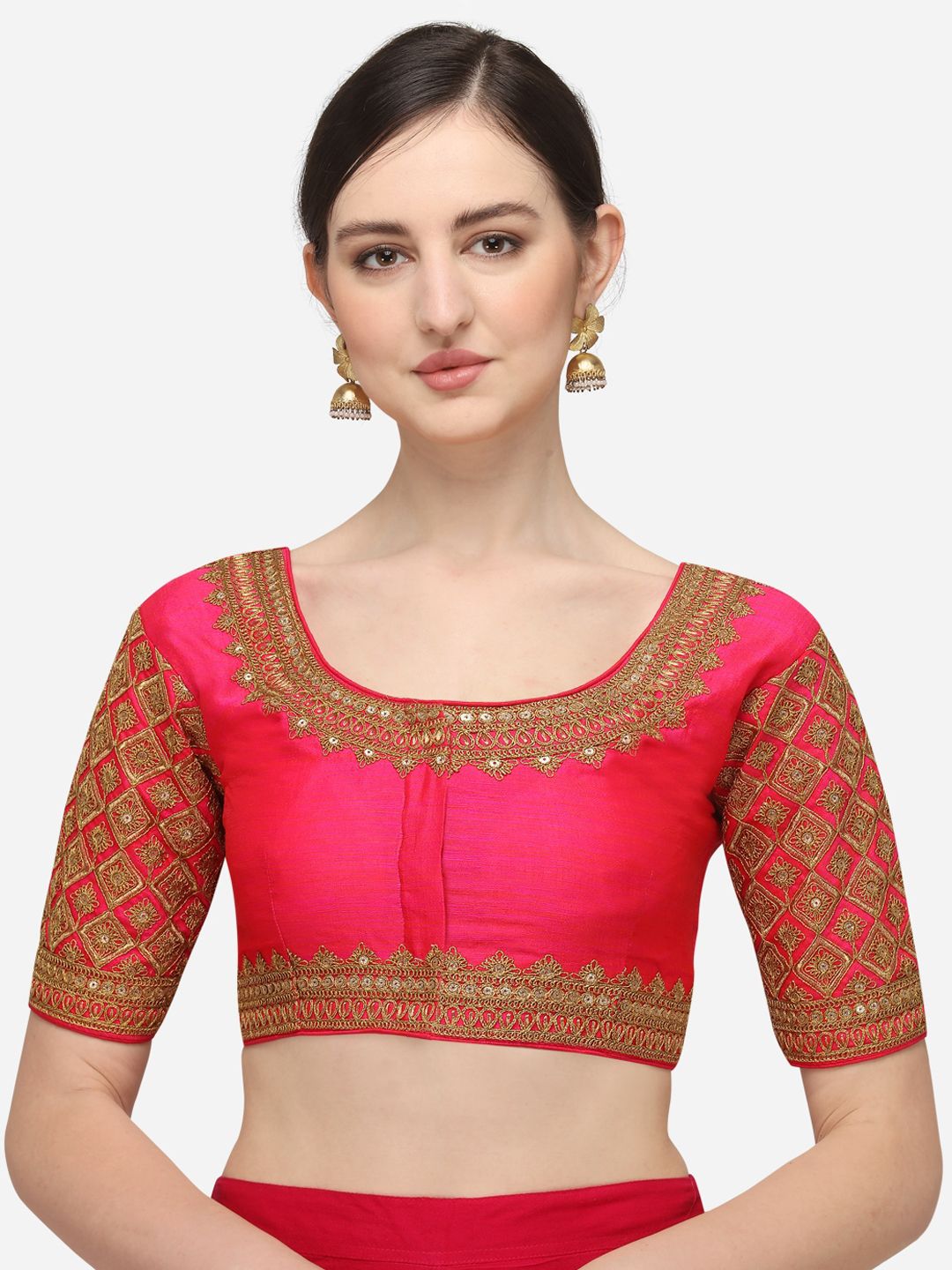 Fab Dadu Women Pink & Gold-Coloured Embroidered Silk Saree Blouse Price in India