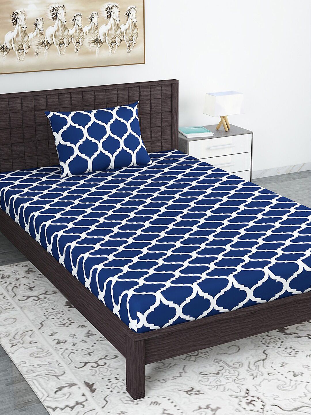 Divine Casa Navy Blue & White Ethnic Motifs 110 TC Single Bedsheet with 1 Pillow Covers Price in India