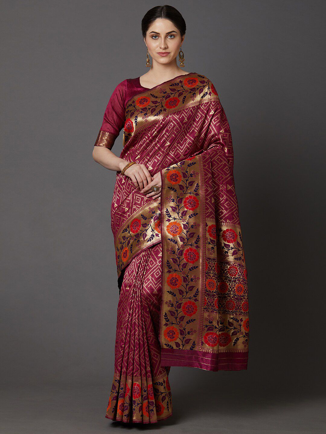 Mitera Magenta & Orange Floral Zari Silk Blend Banarasi Saree