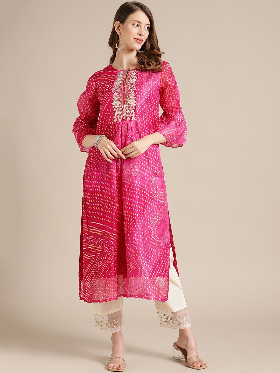 Varanga Women Pink Bandhani Printed Thread Work Kurta Price in India