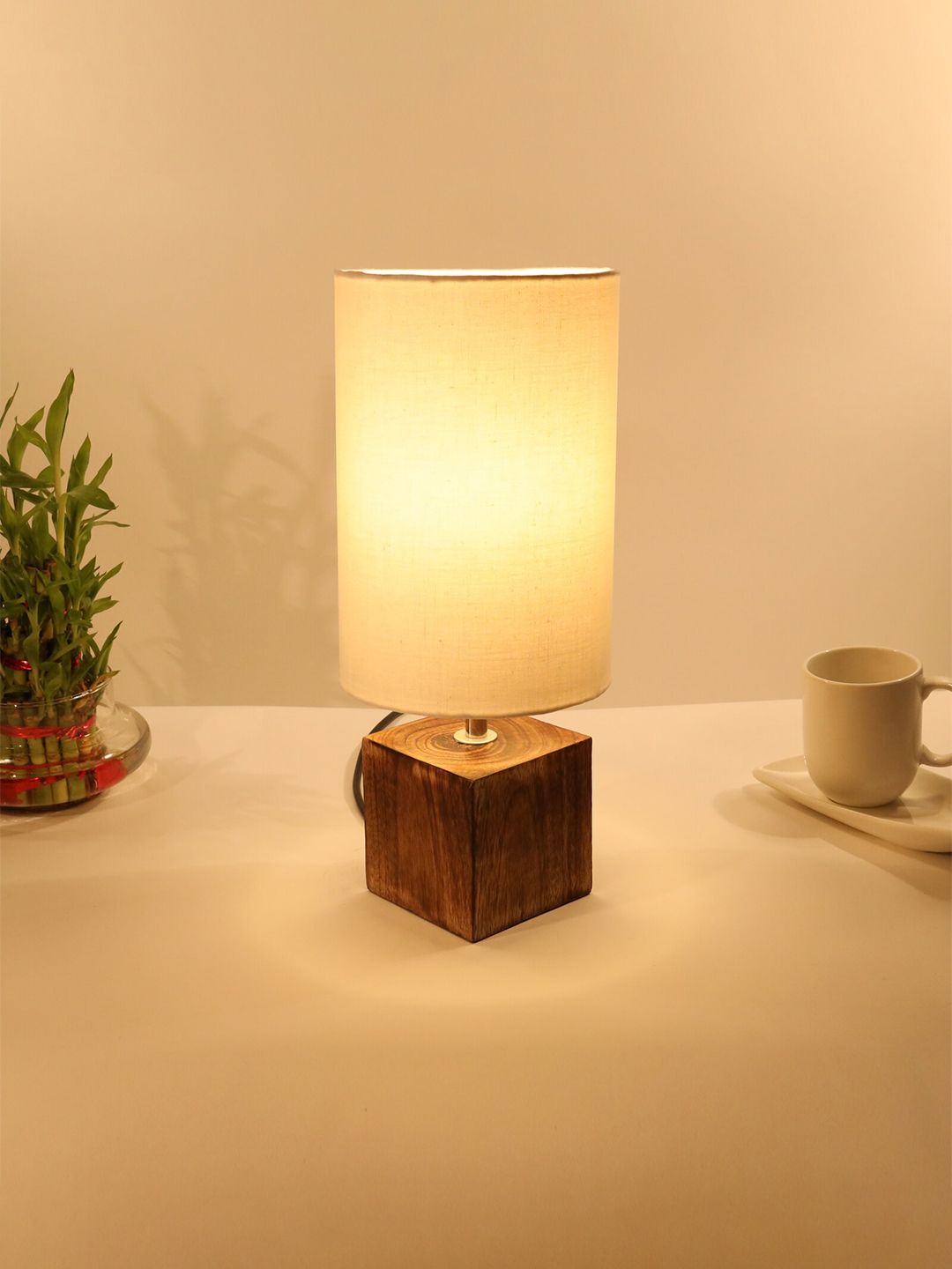 Homesake Off White Contemporary Handcrafted Column Smart Table Lamp with Shade Price in India