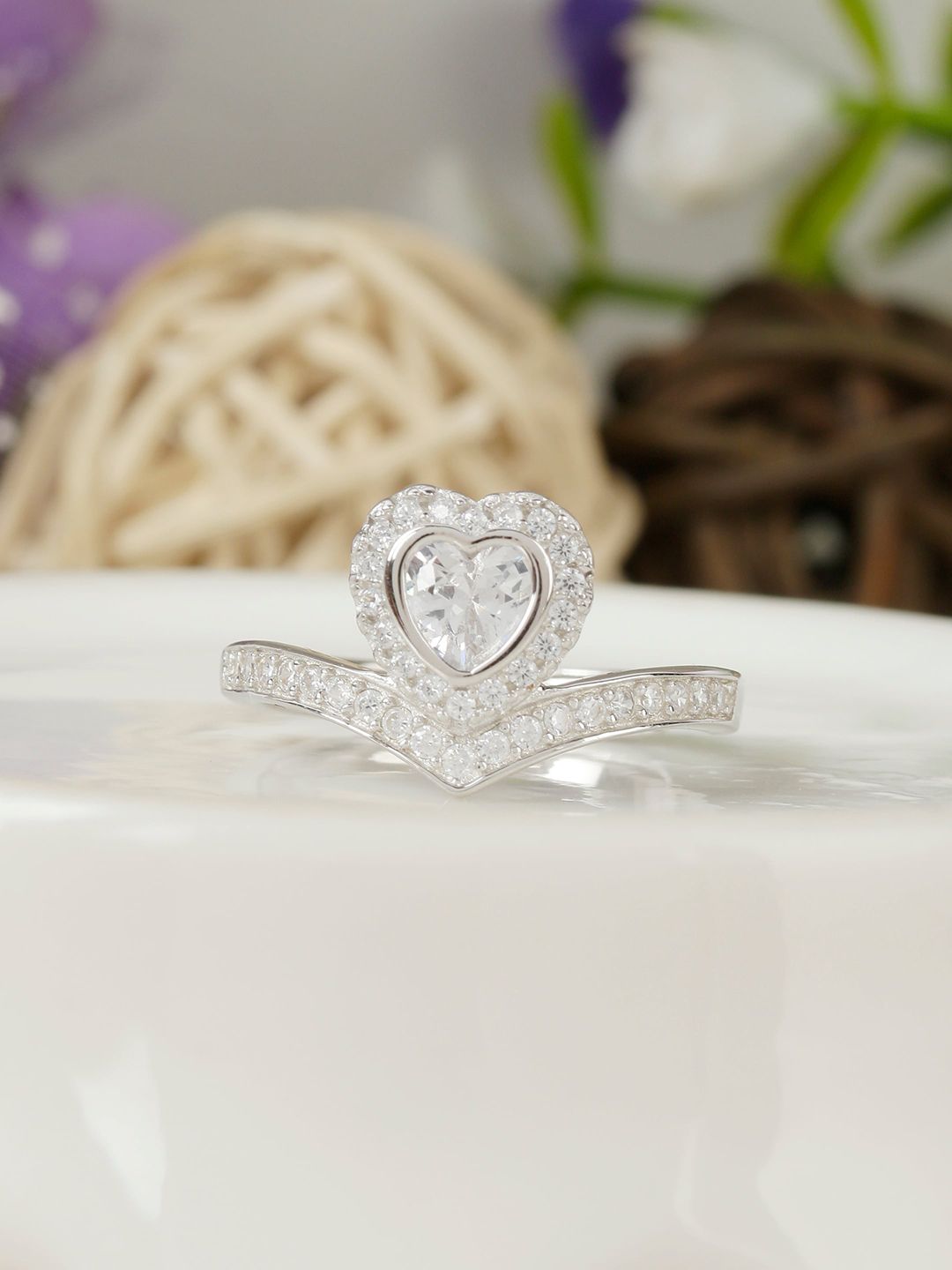 GIVA 925 Sterling Silver Rhodium-Plated Silver-Toned & White CZ-Studded Crown Heart-Shaped Finger Ring Price in India