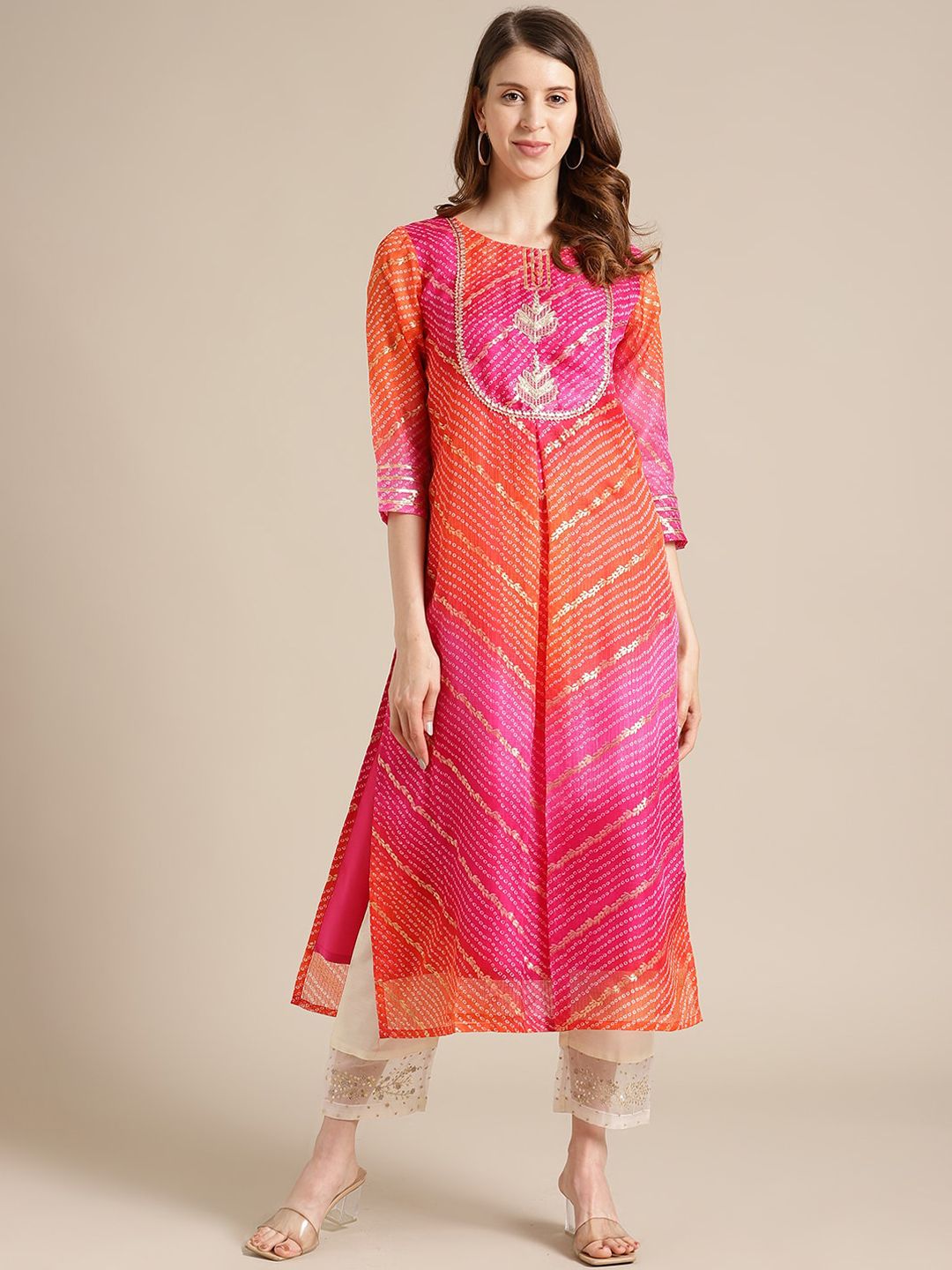 Varanga Women Pink & Orange Striped Gotta Patti Cotton Kurta Price in India