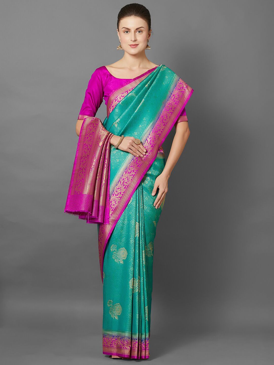 Mitera Sea Green & Magenta Woven Design Silk Blend Banarasi Saree Price in India