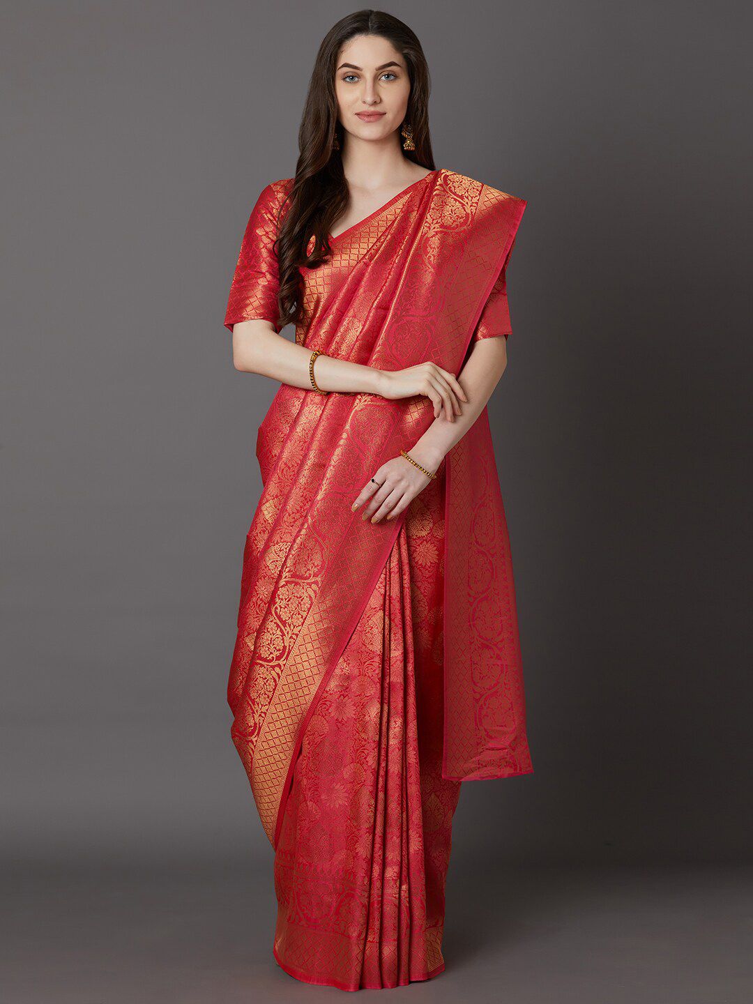 Mitera Red & Gold-Toned Woven Design Zari Silk Blend Banarasi Saree Price in India