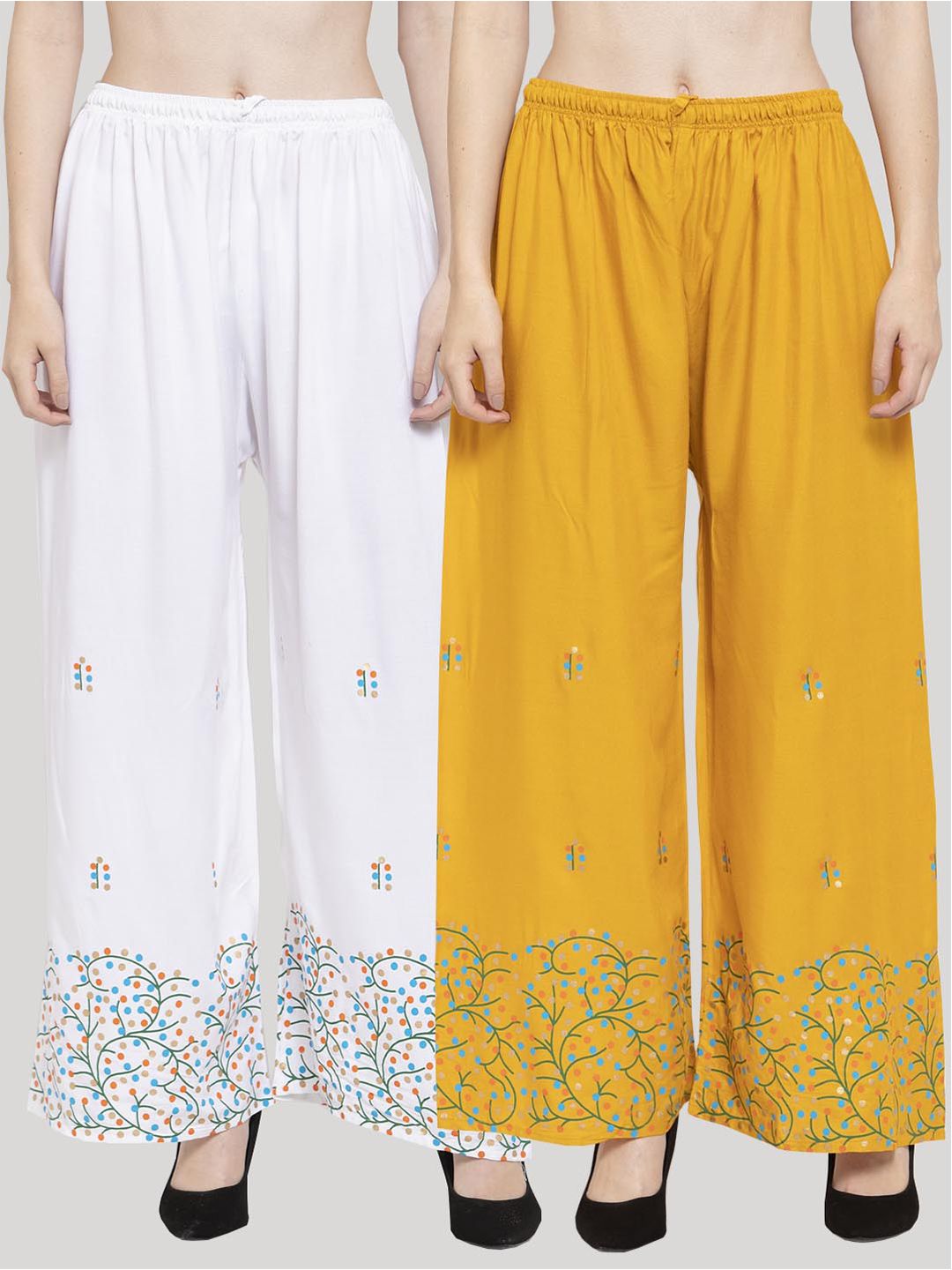 Clora Creation Women Yellow & White 2 Ethnic Motifs Printed Palazzos Price in India