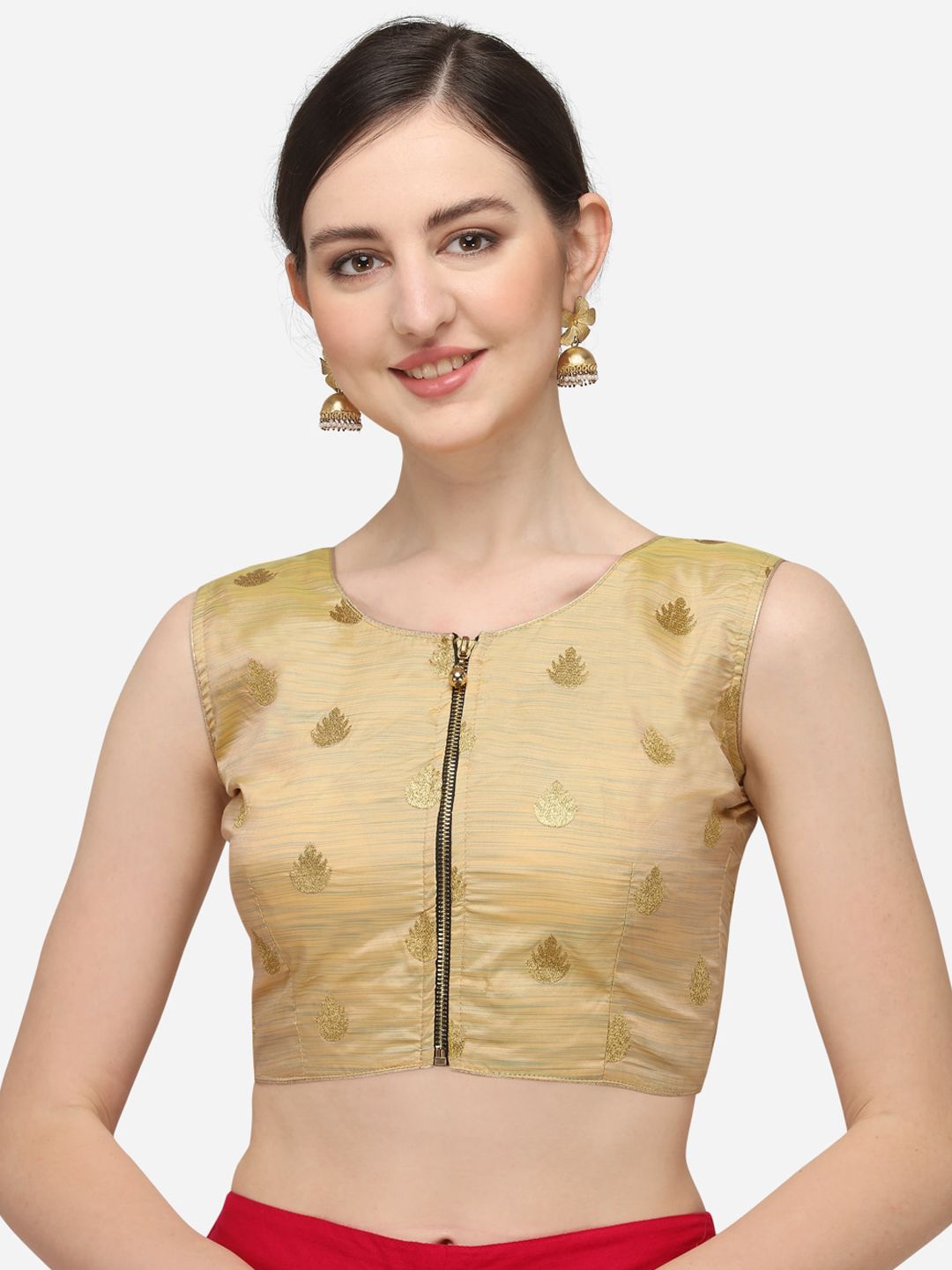 Fab Dadu Women Beige & Gold-Coloured Embroidered Jacquard Saree Blouse Price in India