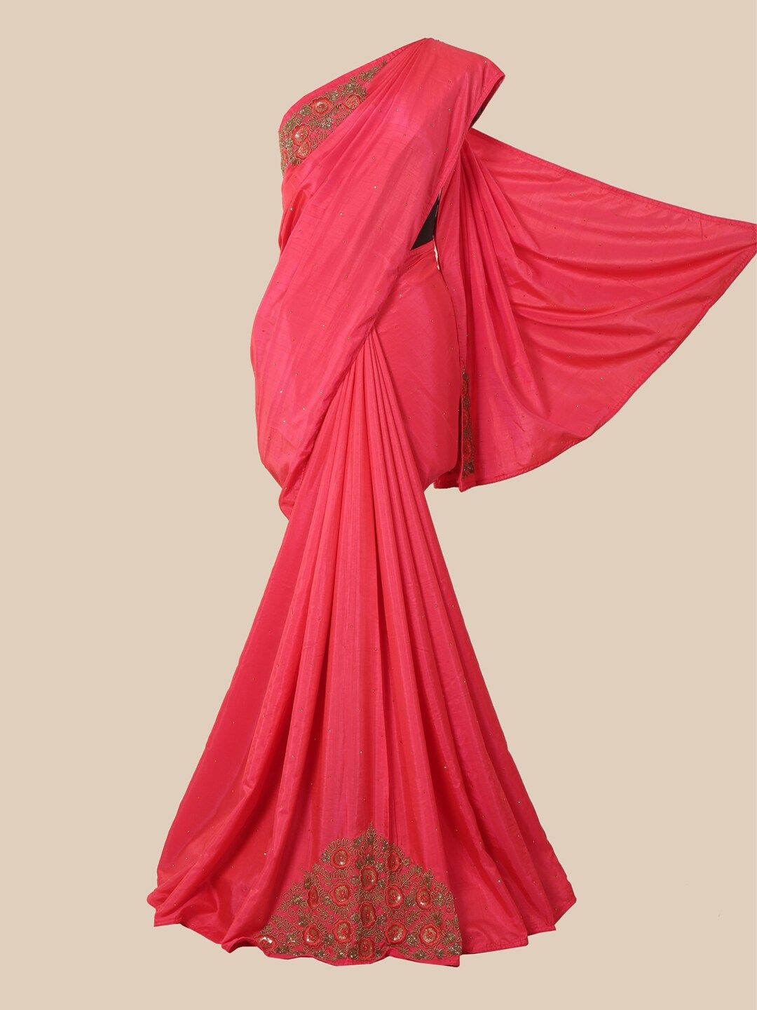 Pothys Pink & Gold-Toned Floral Saree