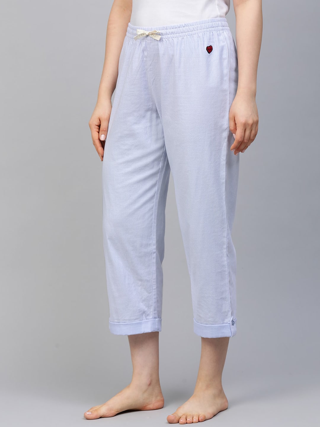 Chemistry Women Blue & White Striped Pure Cotton Cropped Lounge Pants Price in India