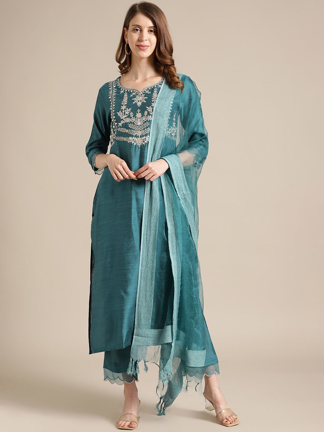 Varanga Women Teal Floral Embroidered Kurta with Trousers & Dupatta Price in India