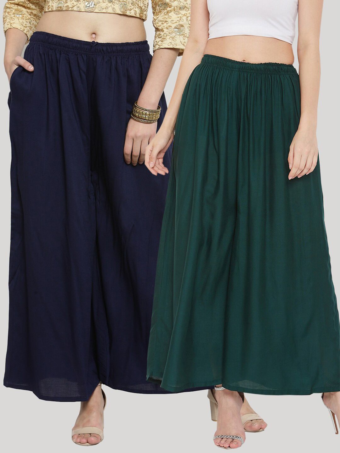 Clora Creation Women Pack of 2 Green & Navy Blue Flared Knitted Ethnic Palazzos Price in India