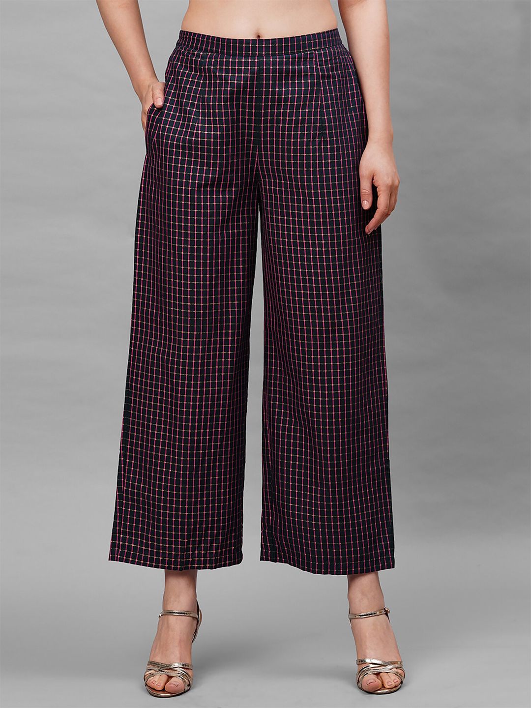 Indo Era Women Navy Blue & Pink Checked Cotton Ethnic Palazzos Price in India