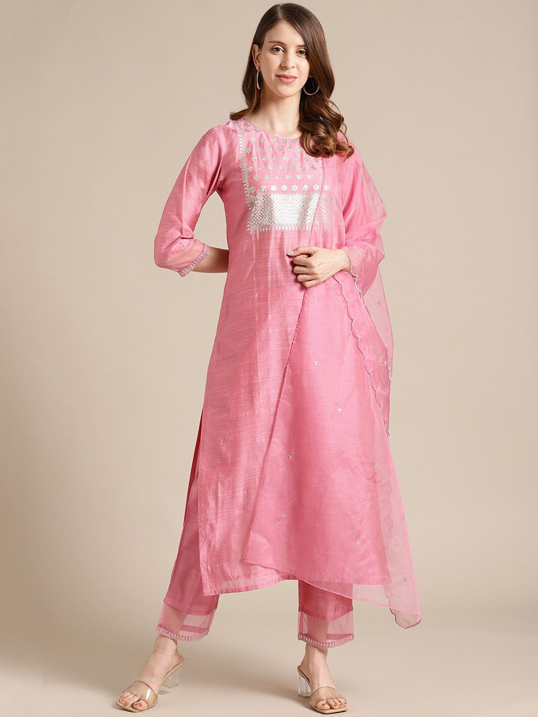 Varanga Women Pink Floral Embroidered Thread Work Kurta with Trousers & With Dupatta Price in India