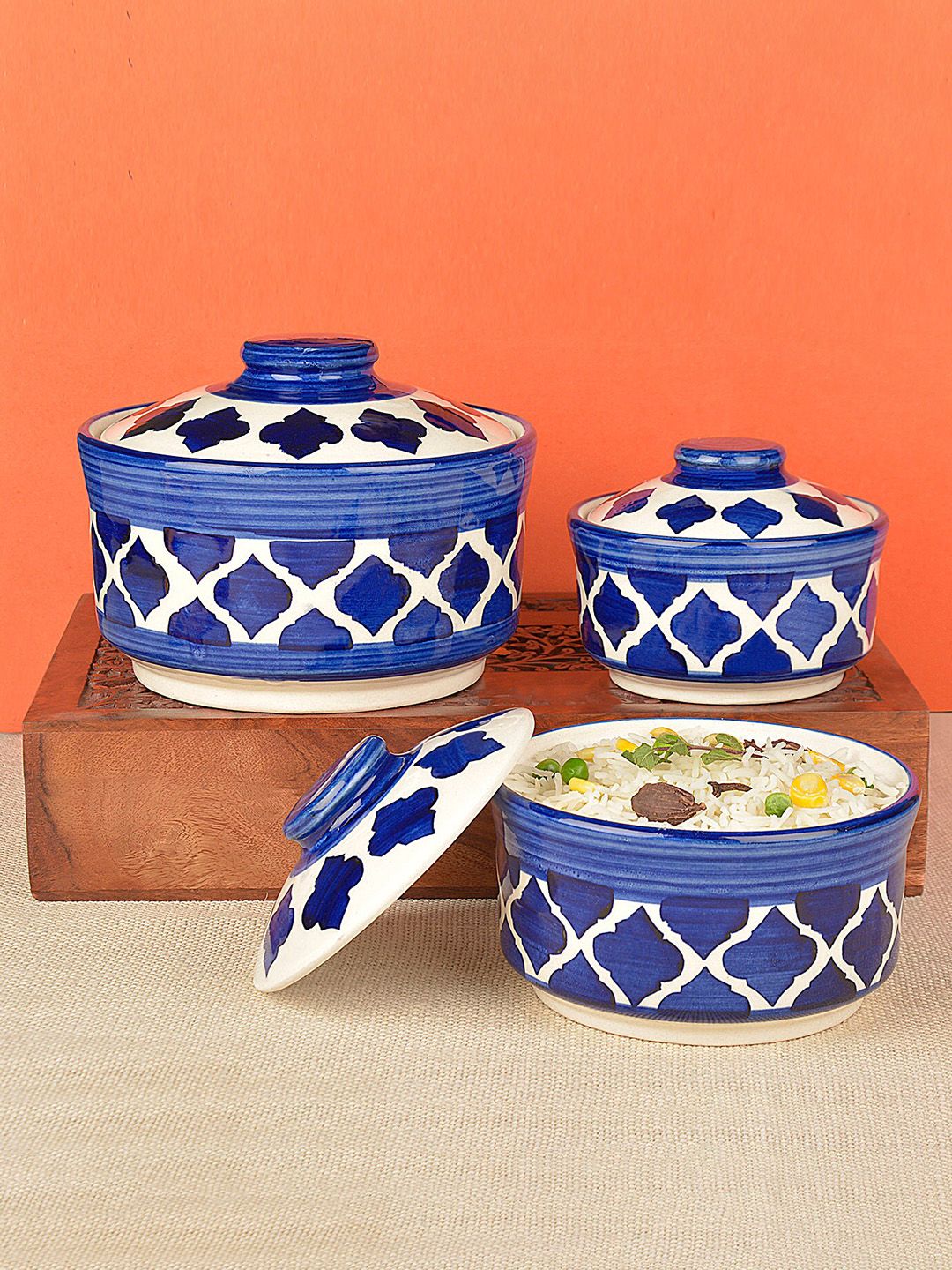 StyleMyWay Set Of 3 White & Blue Studio Pottery Handpainted Ceramic Serving Donga with Lid Price in India