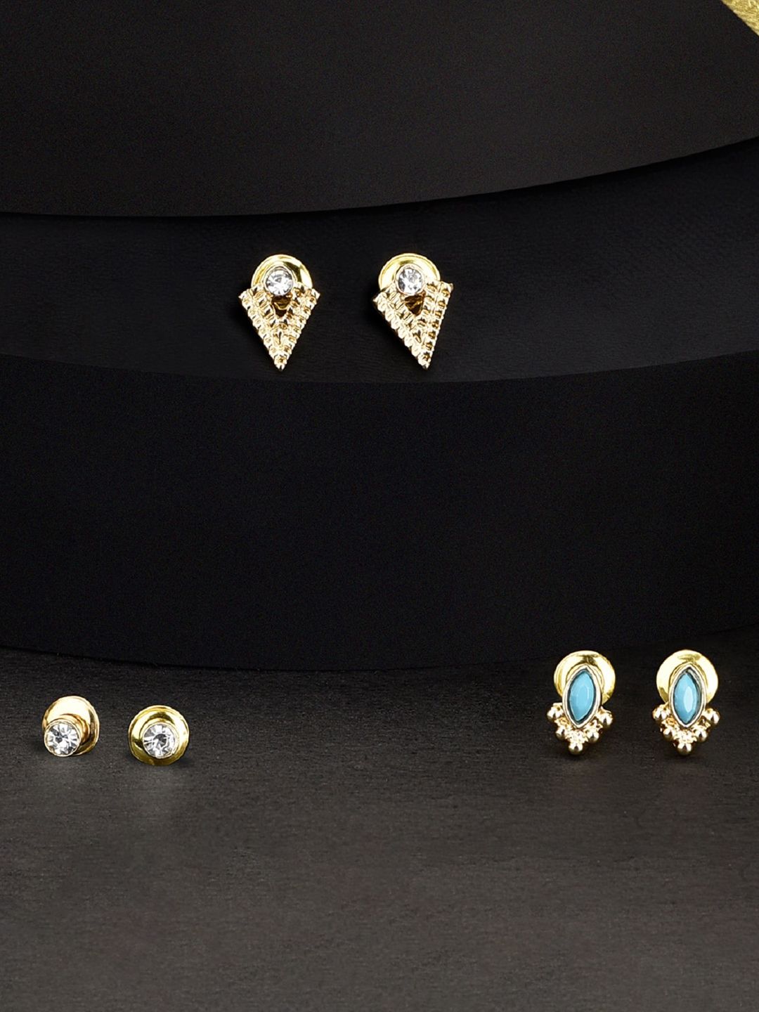 Accessorize Turquoise Blue & Gold Toned Contemporary Studs Earrings Multi Pack 3 Price in India