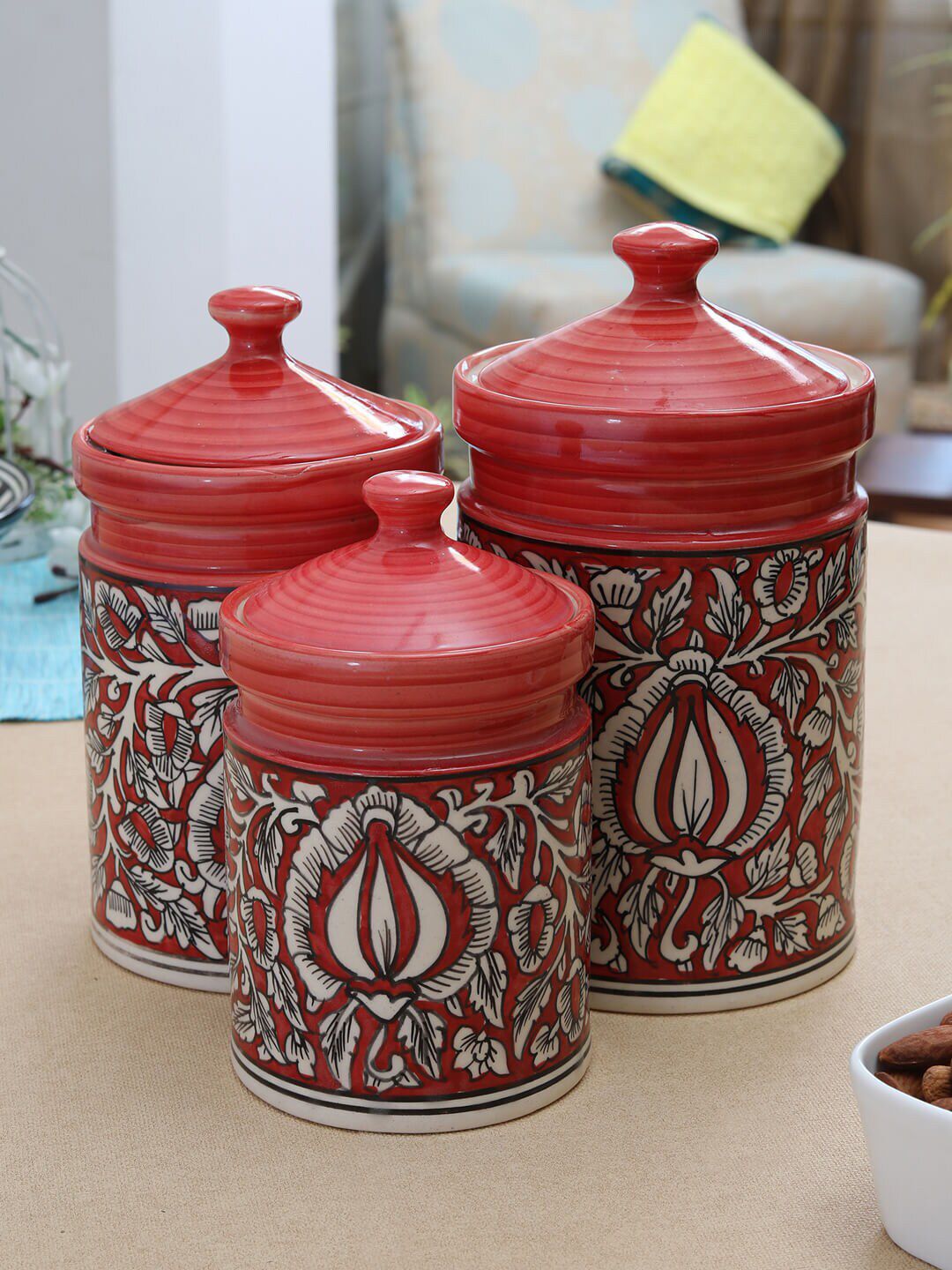MIAH Decor Set Of 3 Rust Red & White Hand Painted Ceramic Mughal Art Storage Jars Price in India