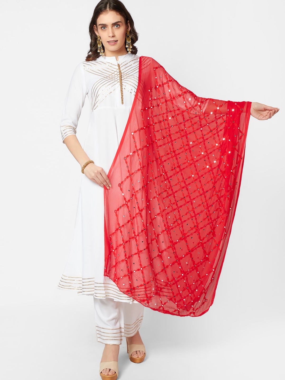 Dupatta Bazaar Red & White Ethnic Motifs Embroidered Dupatta with Mirror Work Price in India