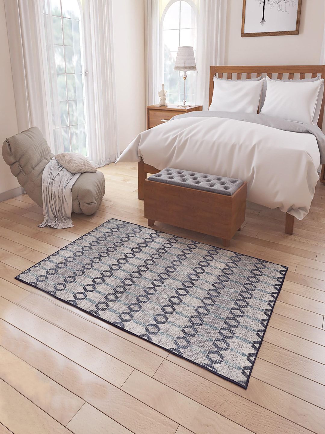 Status Grey & Blue Geometric Printed Anti-Skid Carpet Price in India