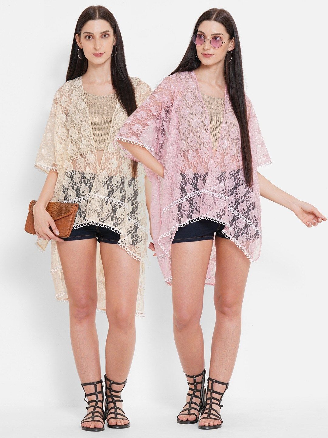 Get Wrapped Women Off White & Pink Pack of 2 Mirror Lace Sheer Shrugs Price in India