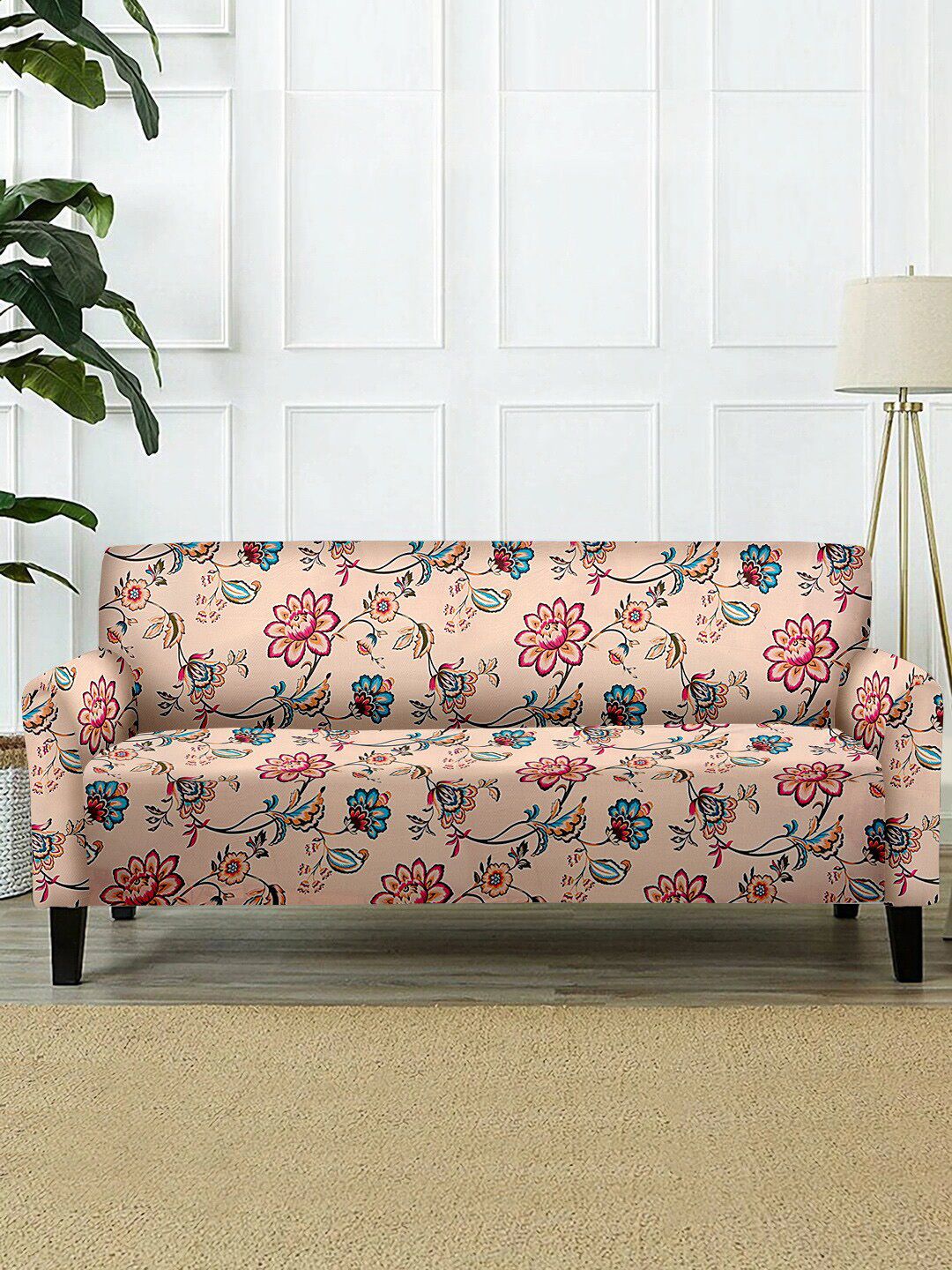 Cortina Beige & Red Printed 2-Seater Super-Stretchable Non-Slip Sofa Slipcover Price in India