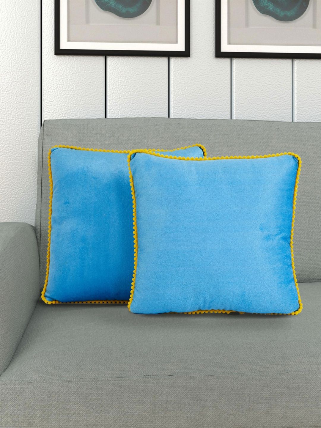 Home Centre Set Of 2 Blue Solid Filled Square Floor Cushions Price in India