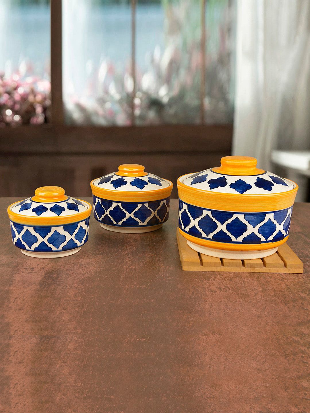 StyleMyWay Set Of 3 Blue & Yellow Hand-Painted Ceramic Serving Donga With Lid Price in India