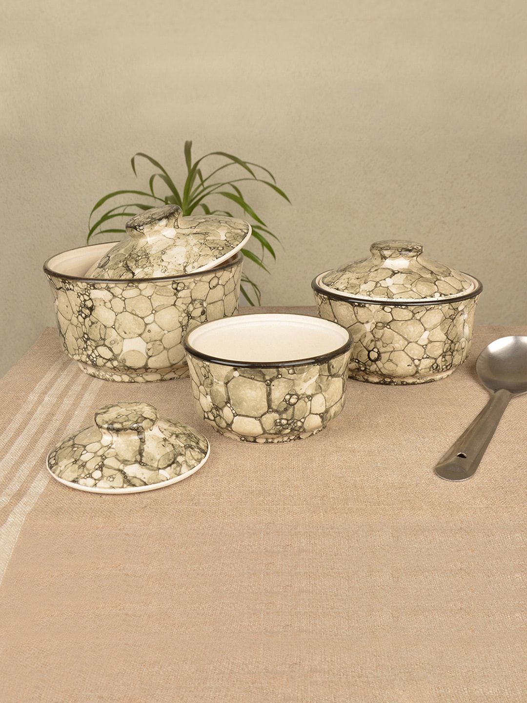 StyleMyWay Set Of 3 Grey & Brown Printed Handpainted Ceremic Serving Dongal With Lid Price in India