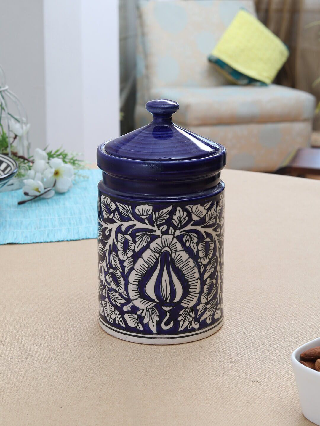 MIAH Decor Blue & White Hand Painted Mughal Art Ceramic Storage Jar With Lid Price in India