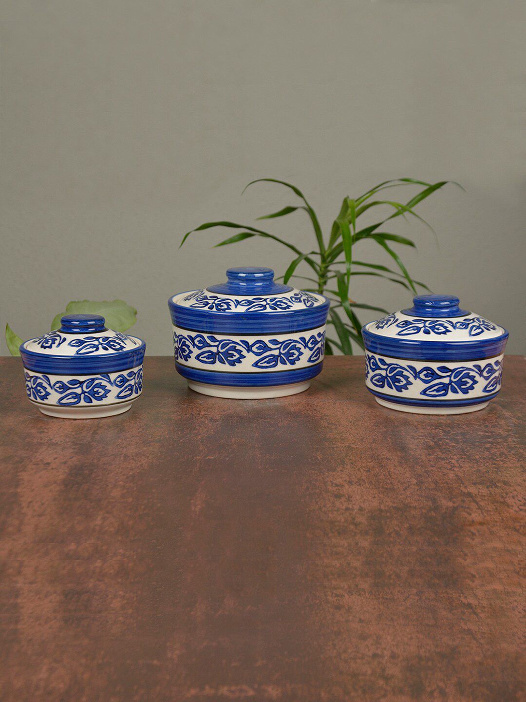 StyleMyWay Set Of 3 White & Blue Hand-Painted Ceramic Donga with Lid Price in India