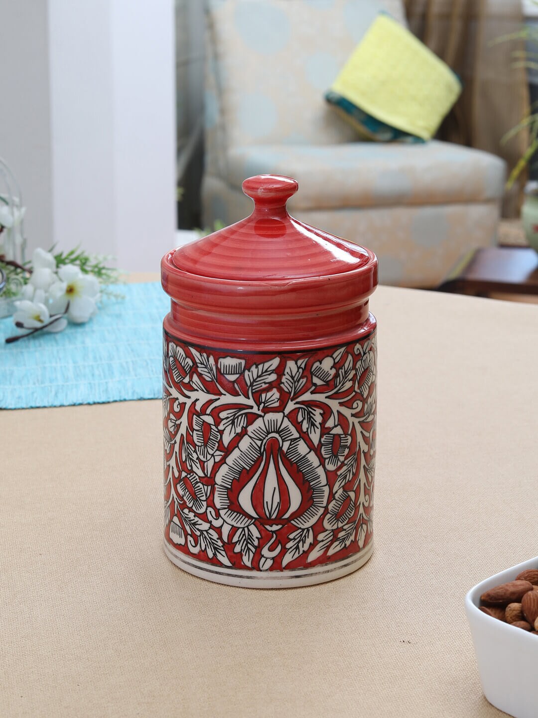 MIAH Decor Red & White Handpainted Ceramic Mughal Art Storage Jar Price in India