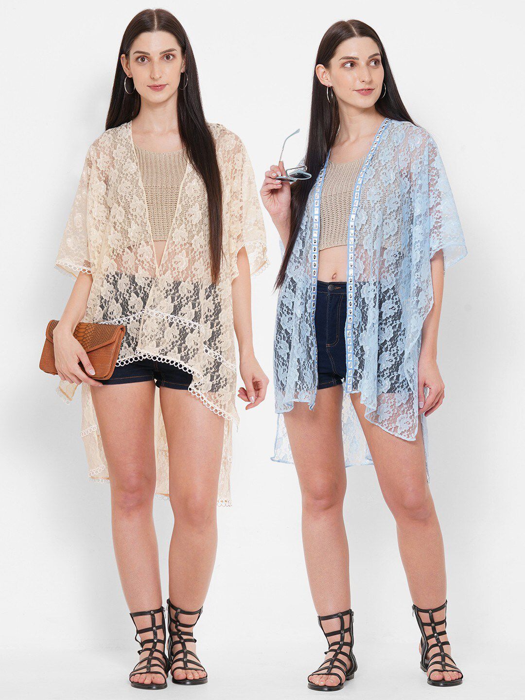 Get Wrapped Women Pack Of 2 Blue & Cream-Coloured Lace Sheer Shrugs Price in India