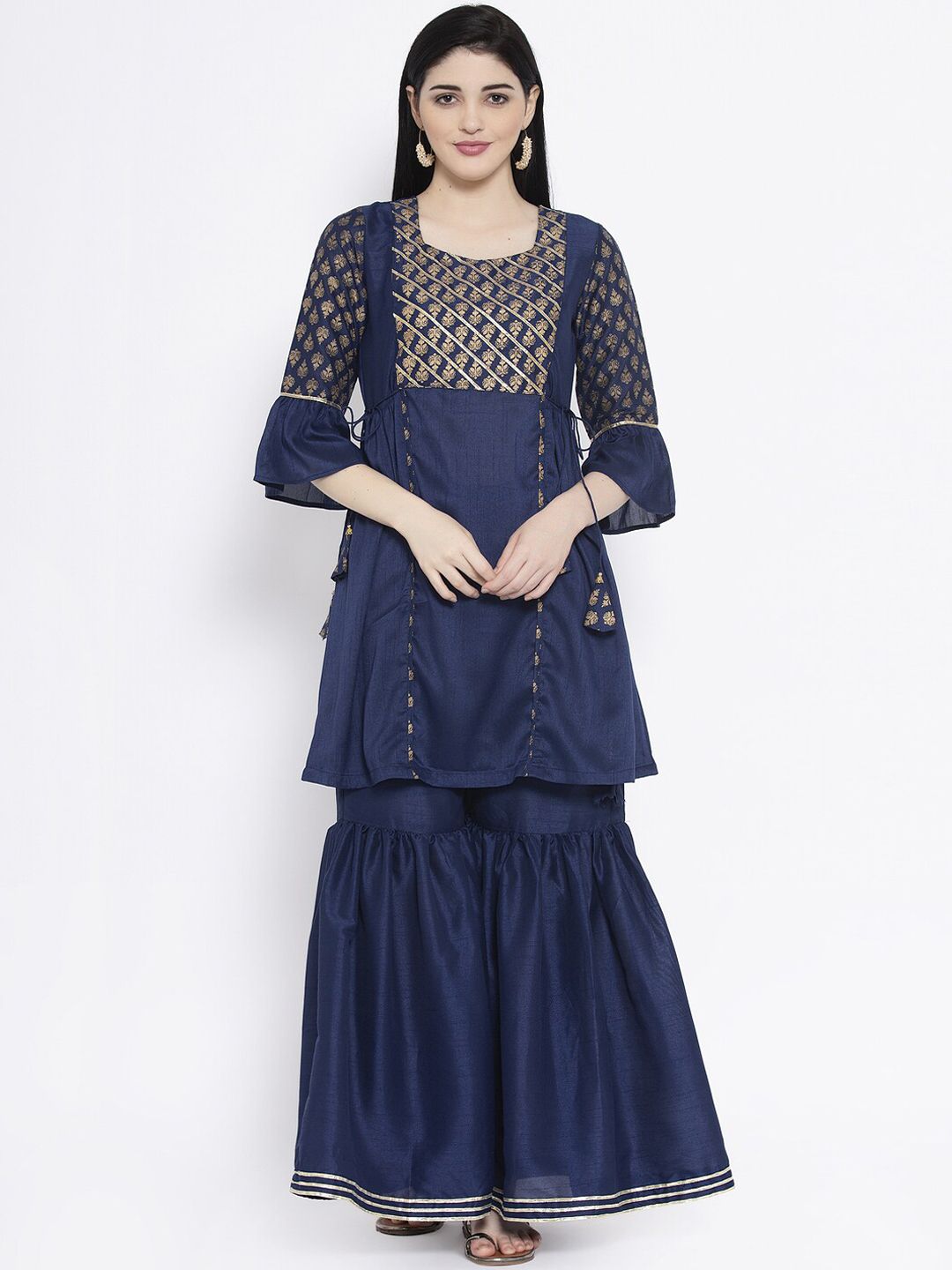 studio rasa Women Navy Blue Yoke Design Kurti with Sharara & With Dupatta