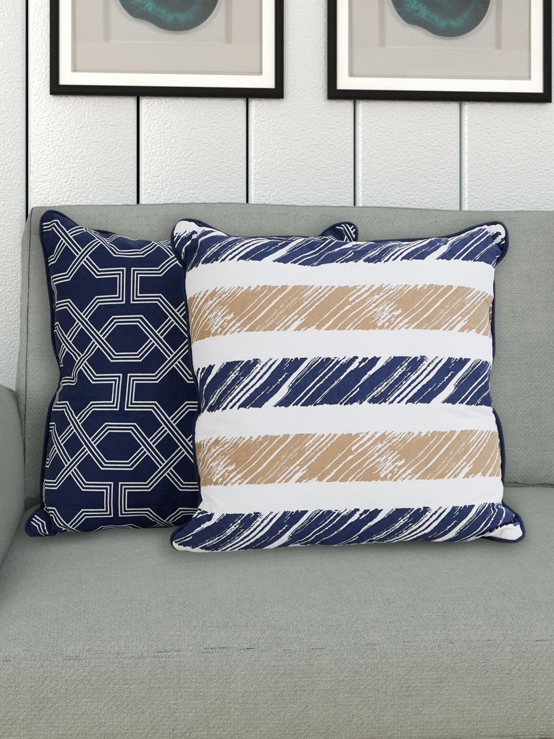 Home Centre Set Of 2 Blue & White Arcadia Lattice Printed Filled Cushions Price in India